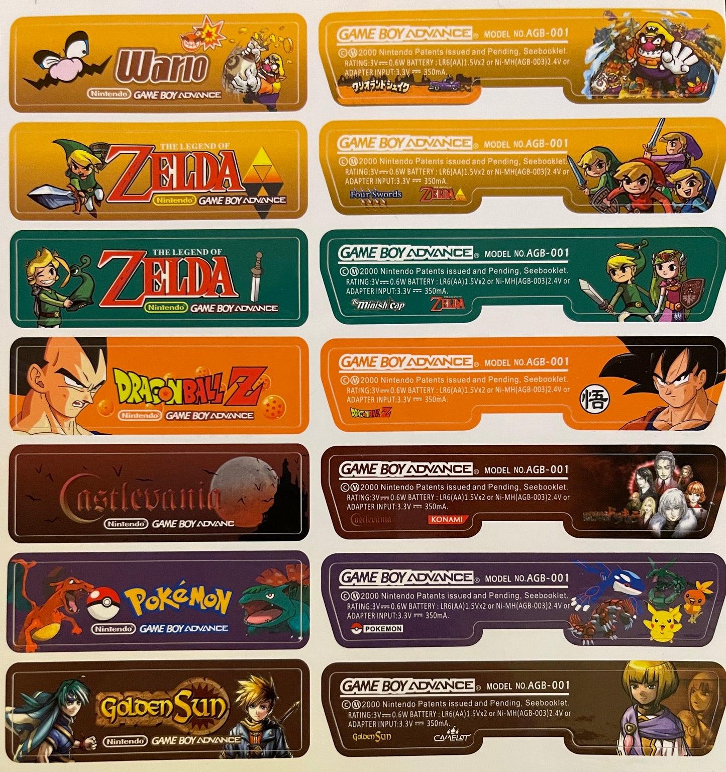 Nintendo Gameboy Advance Custom Designed Rear Label/Sticker-Choose from 14 different designs!